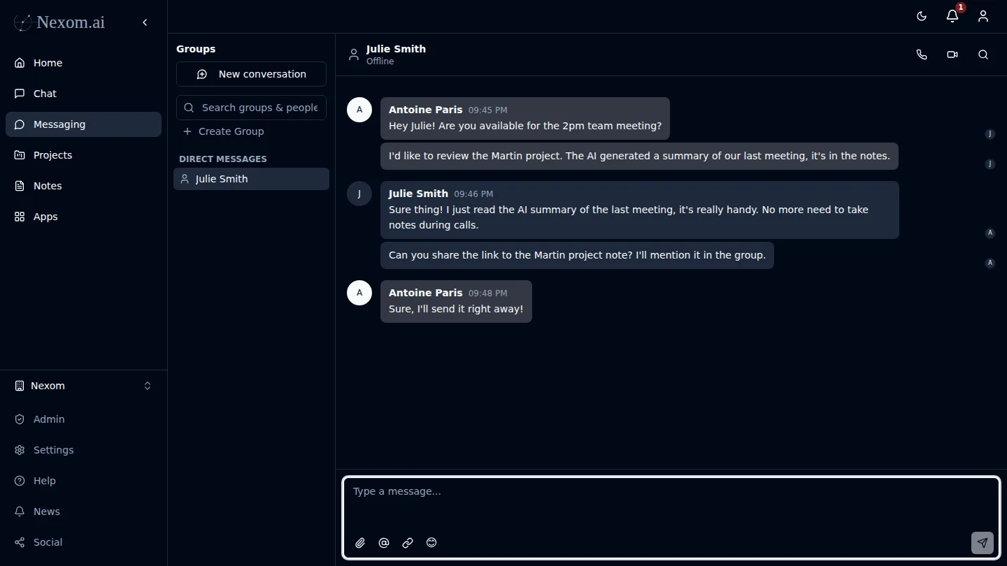 Chat, call, meet — without leaving Nexom